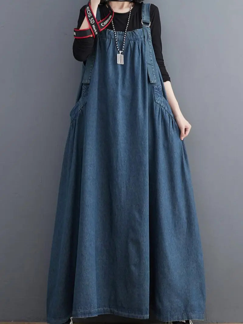 Woman Spring Autumn Denim Spaghetti Strap Sleeveless Temperament Dress Female Oversized  Ankle-length Straight Pullover Dress