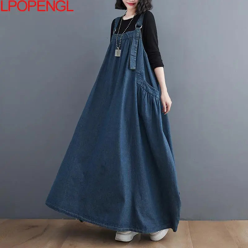 Woman Spring Autumn Denim Spaghetti Strap Sleeveless Temperament Dress Female Oversized  Ankle-length Straight Pullover Dress