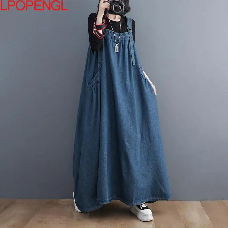 Woman Spring Autumn Denim Spaghetti Strap Sleeveless Temperament Dress Female Oversized  Ankle-length Straight Pullover Dress