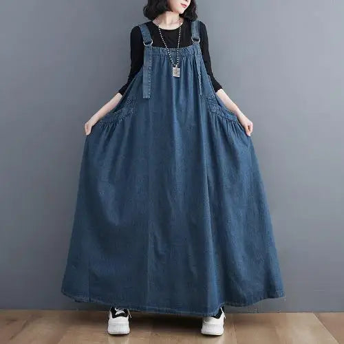 Woman Spring Autumn Denim Spaghetti Strap Sleeveless Temperament Dress Female Oversized  Ankle-length Straight Pullover Dress