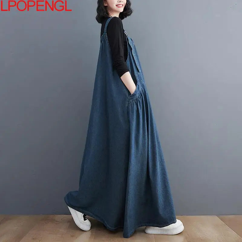 Woman Spring Autumn Denim Spaghetti Strap Sleeveless Temperament Dress Female Oversized  Ankle-length Straight Pullover Dress