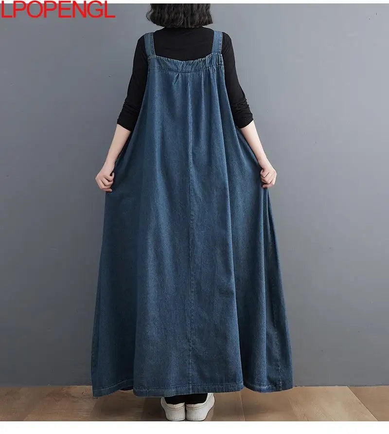 Woman Spring Autumn Denim Spaghetti Strap Sleeveless Temperament Dress Female Oversized  Ankle-length Straight Pullover Dress