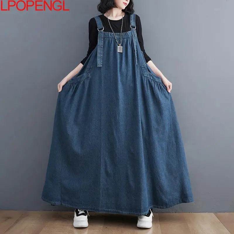 Woman Spring Autumn Denim Spaghetti Strap Sleeveless Temperament Dress Female Oversized  Ankle-length Straight Pullover Dress